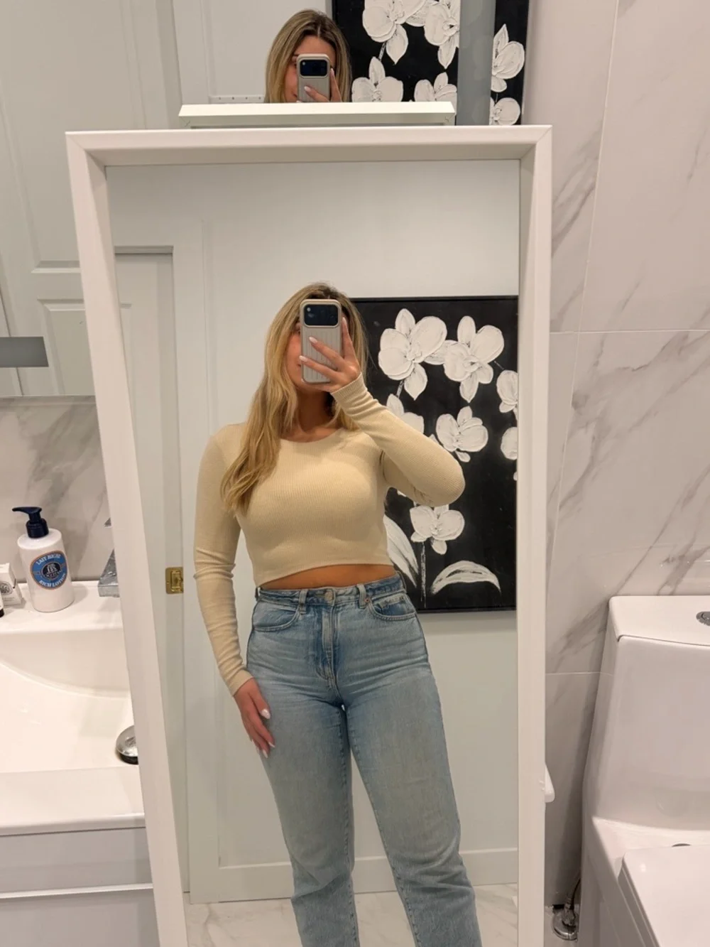 Zara Beige Ribbed Long-Sleeve Crop Top - Picture 1 of 1